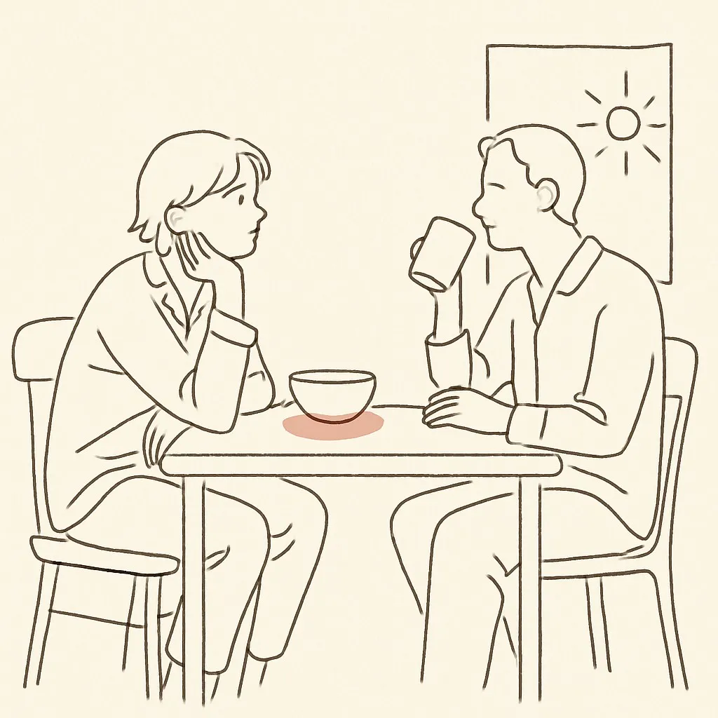 Line art of a teen at a kitchen table in pajamas, parent across with a coffee cup, morning light