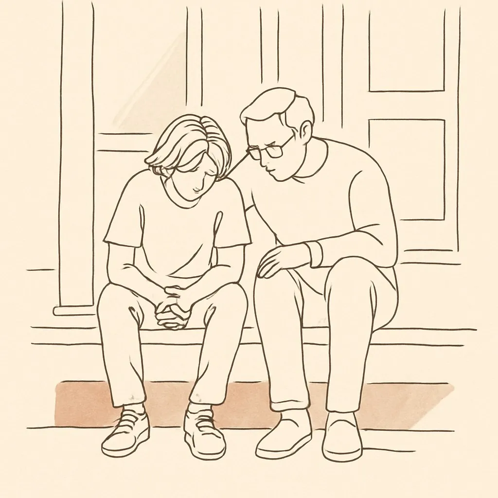 Line art of a teen and parent on a porch step in late afternoon light, both looking at the floor