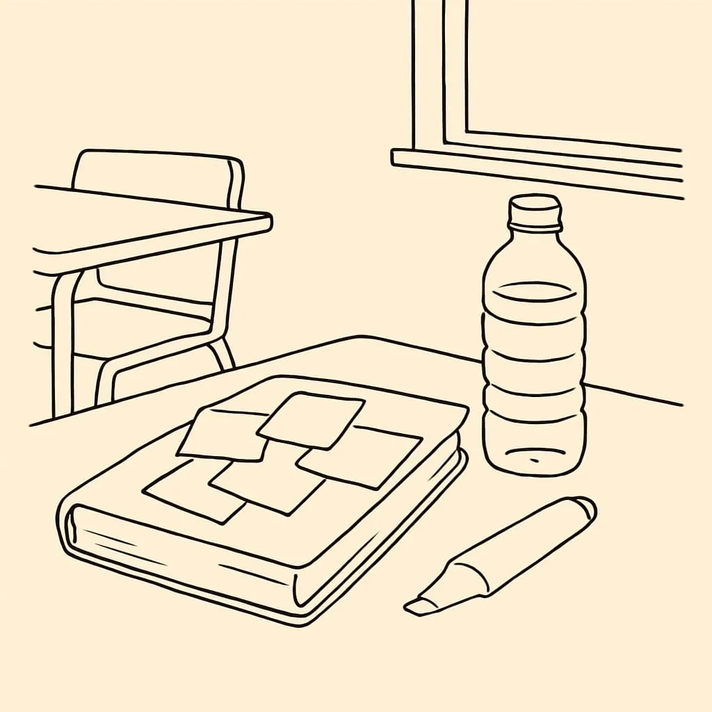 Line art of a messy school desk with sticky notes covering a closed planner, a single highlighter and a half-drunk water bottle in soft daylight