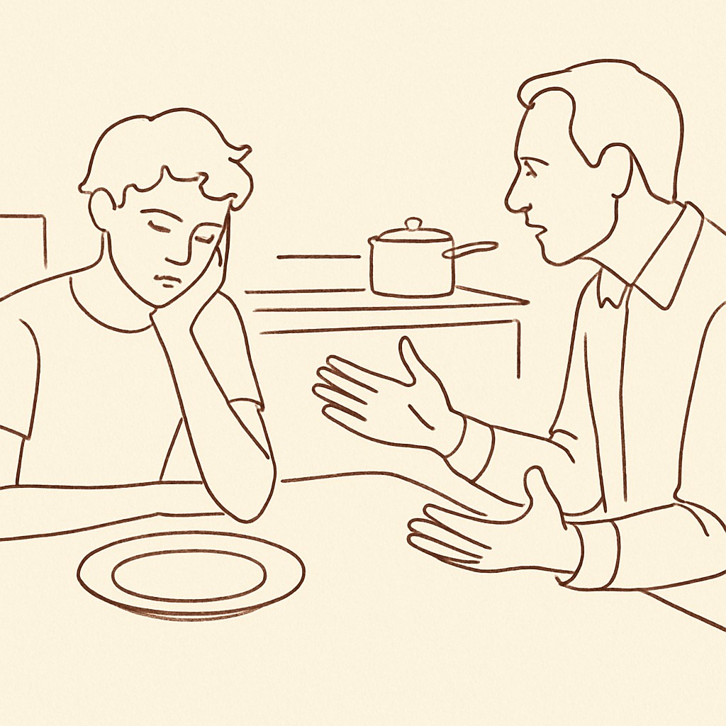 Line art of a teen at a kitchen table with an untouched plate, parent across with hands open