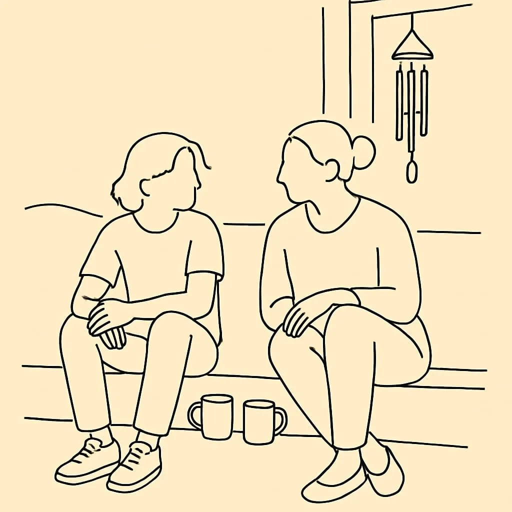 Line art of a teen and parent sitting on a porch step at dusk, two mugs on the step between them, a wind chime visible in the background
