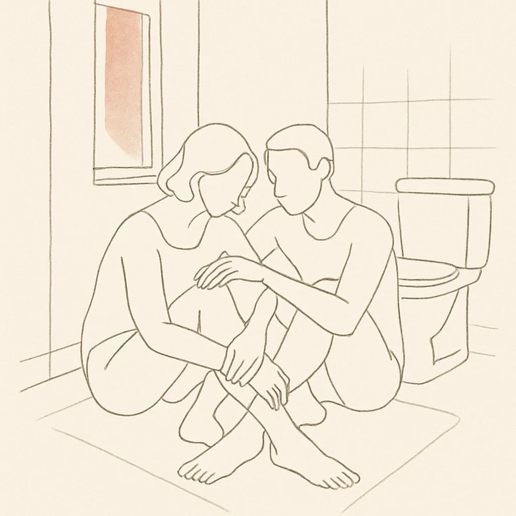 Line art of two figures sitting on a bathroom floor in soft window light