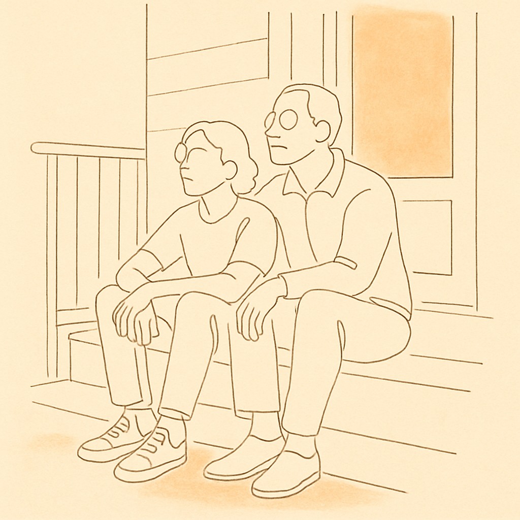 Line art of a teen and parent on a porch step at dusk, soft warm light, both looking ahead