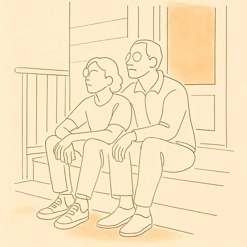 Line art of a teen and parent on a porch step at dusk, soft warm light, both looking ahead