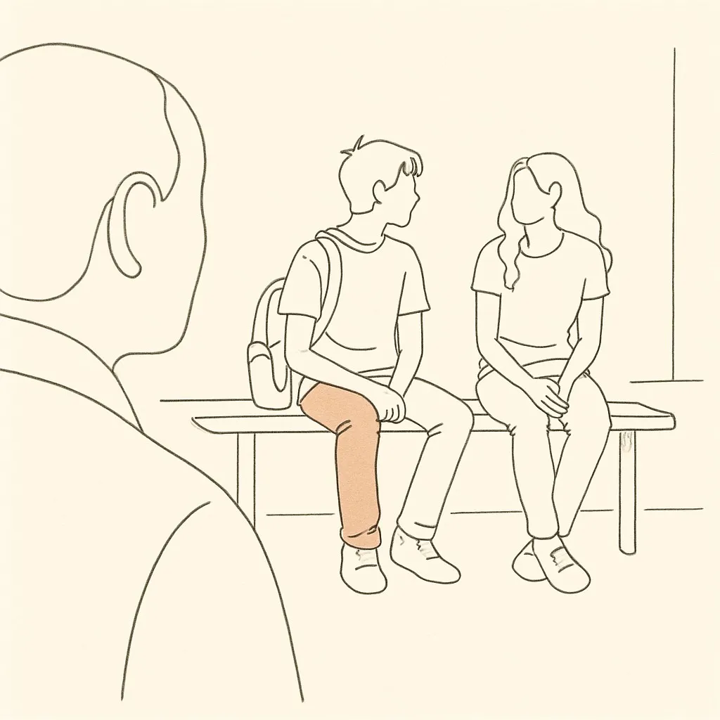 Line art of two teens on a school bench from a distance, parent in soft focus in the foreground