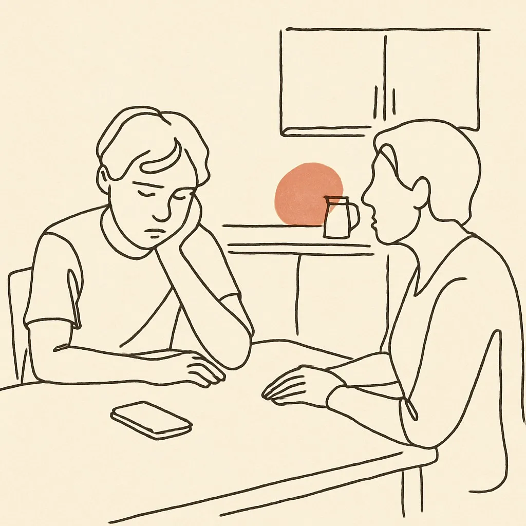 Line art of a teen at a kitchen table with a phone face-down, parent across