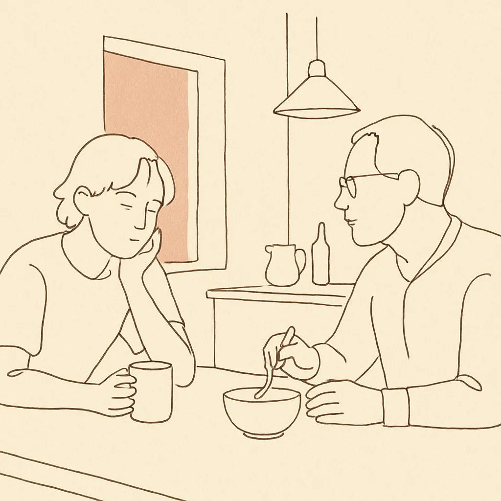 Line art of a teen and parent at a kitchen table, soft afternoon light