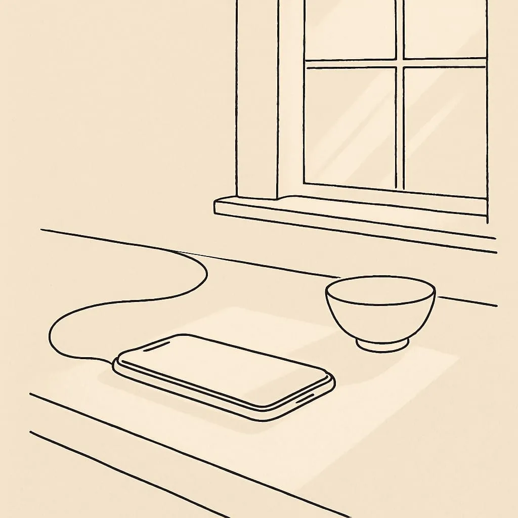 Line art of a phone alone on a kitchen counter beside a small ceramic bowl, the charging cable just out of reach, soft afternoon window light