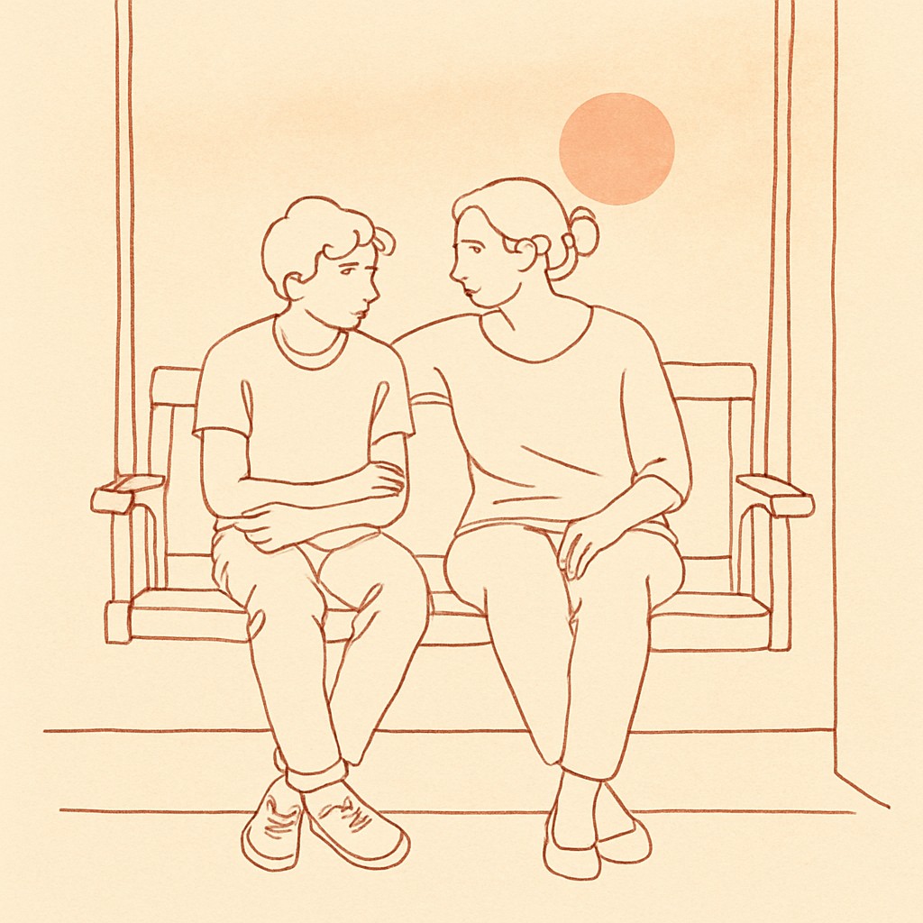 Line art of a teen and parent on a porch swing at dusk, soft warm light