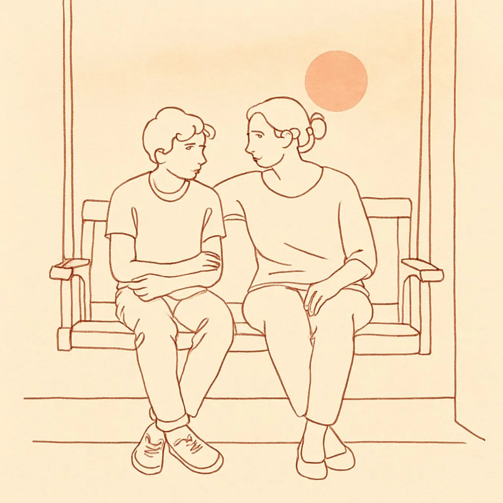 Line art of a teen and parent on a porch swing at dusk, soft warm light