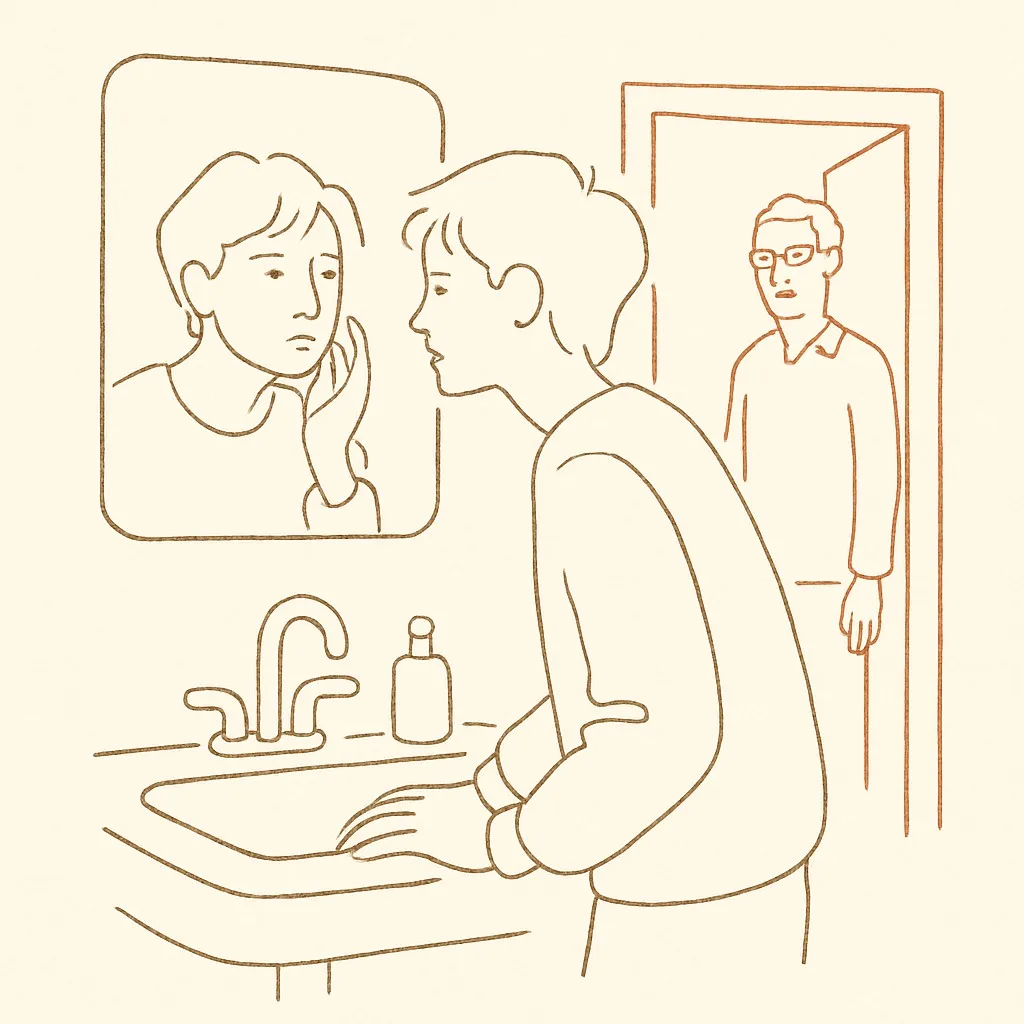 Line art of a teen looking in a bathroom mirror, parent reflected in the doorway