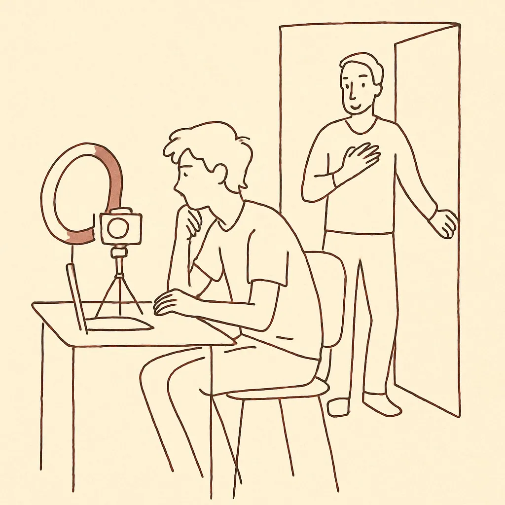 Line art of a teen sitting at a desk with a ring light and camera, parent in the doorway
