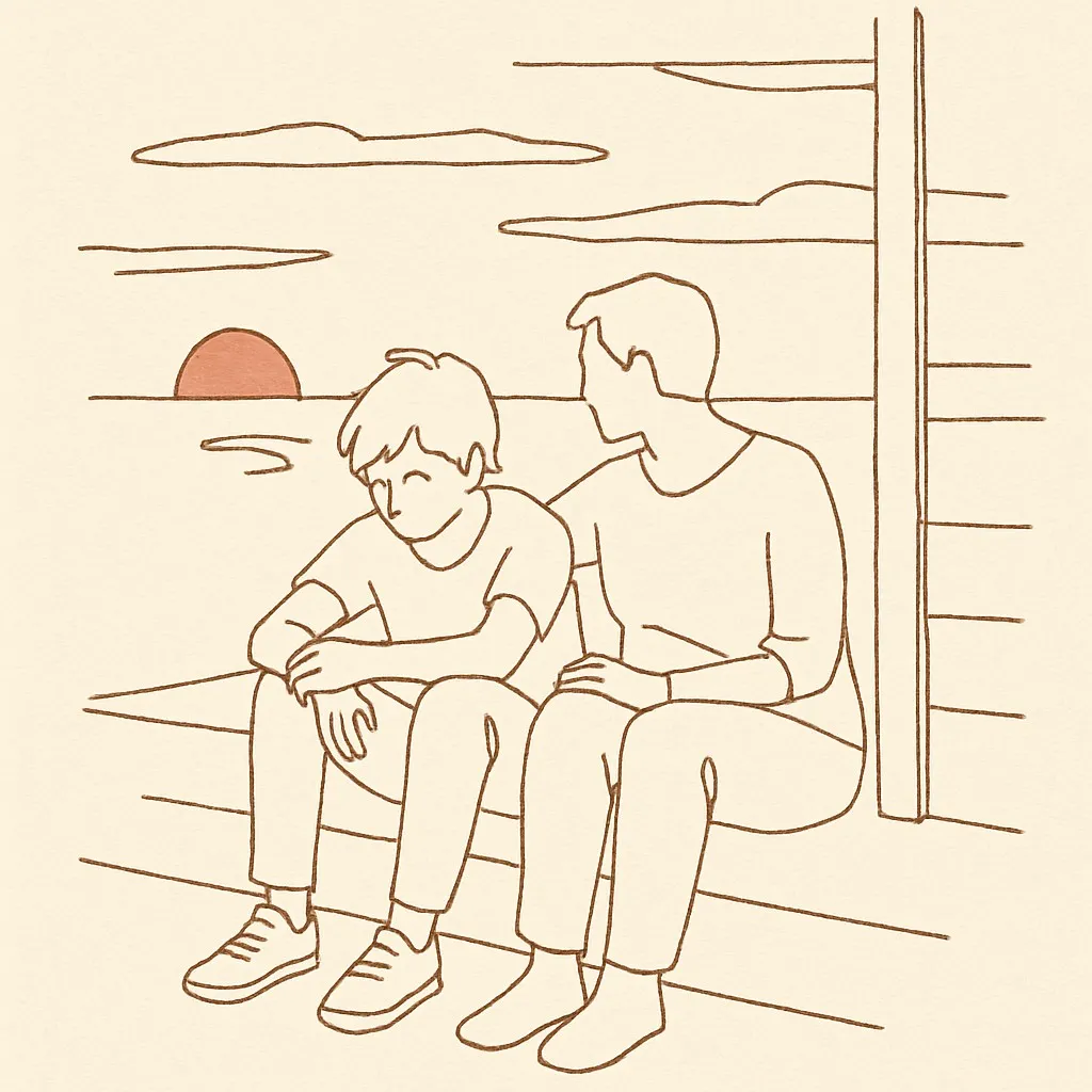 Line art of a teen sitting on a porch step at dusk, parent sitting beside them
