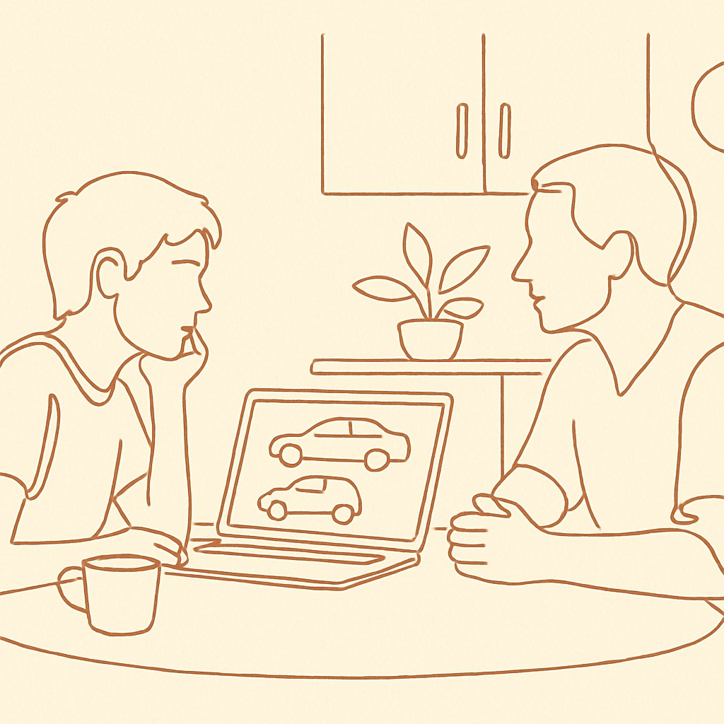 Line art of a teen at a kitchen table with a laptop showing cars, parent across