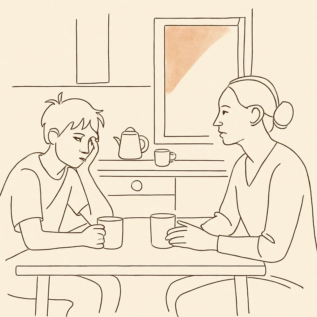 Line art of a teen at a kitchen table, parent across, morning light