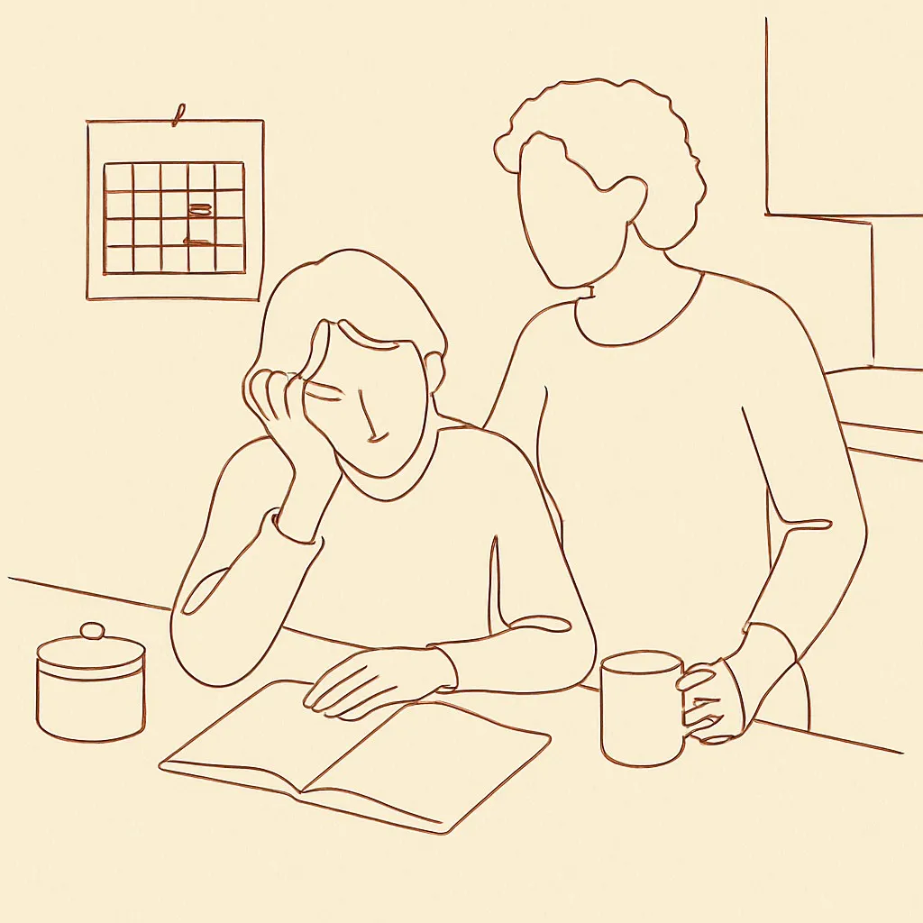 Line art of a teen and parent at a kitchen counter, calendar visible