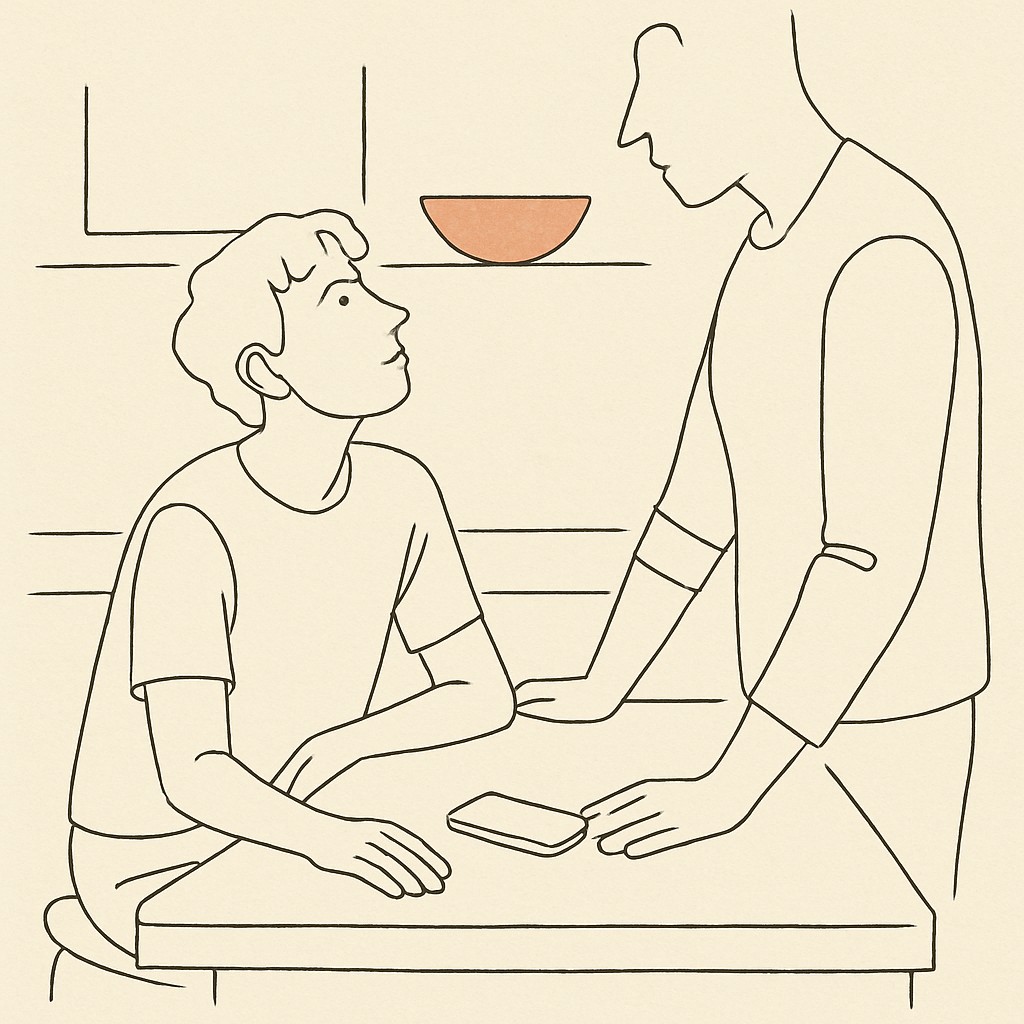 Line art of a teen at a kitchen counter looking up at a parent, phone between them