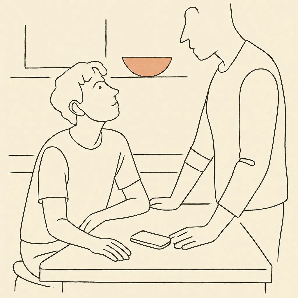 Line art of a teen at a kitchen counter looking up at a parent, phone between them