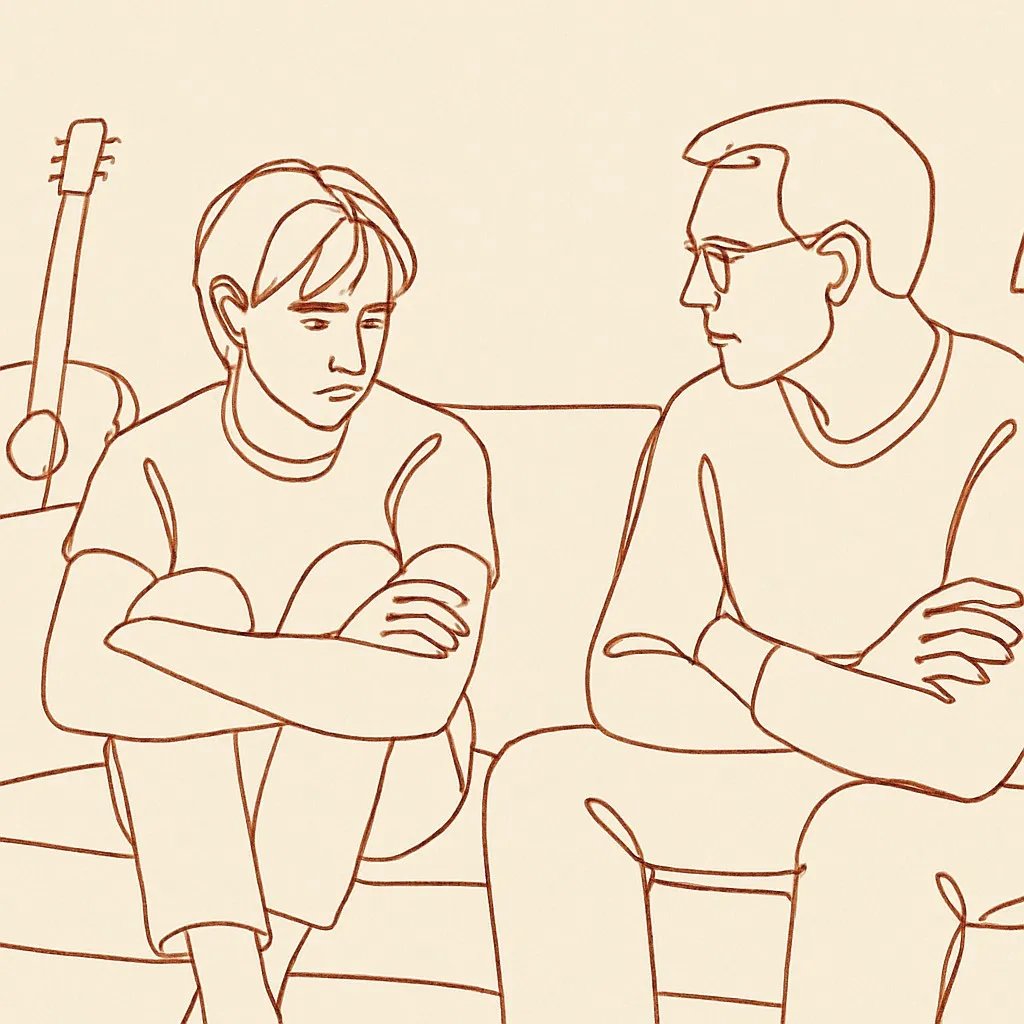Line art of a teen and parent in a living room, an instrument visible in the background