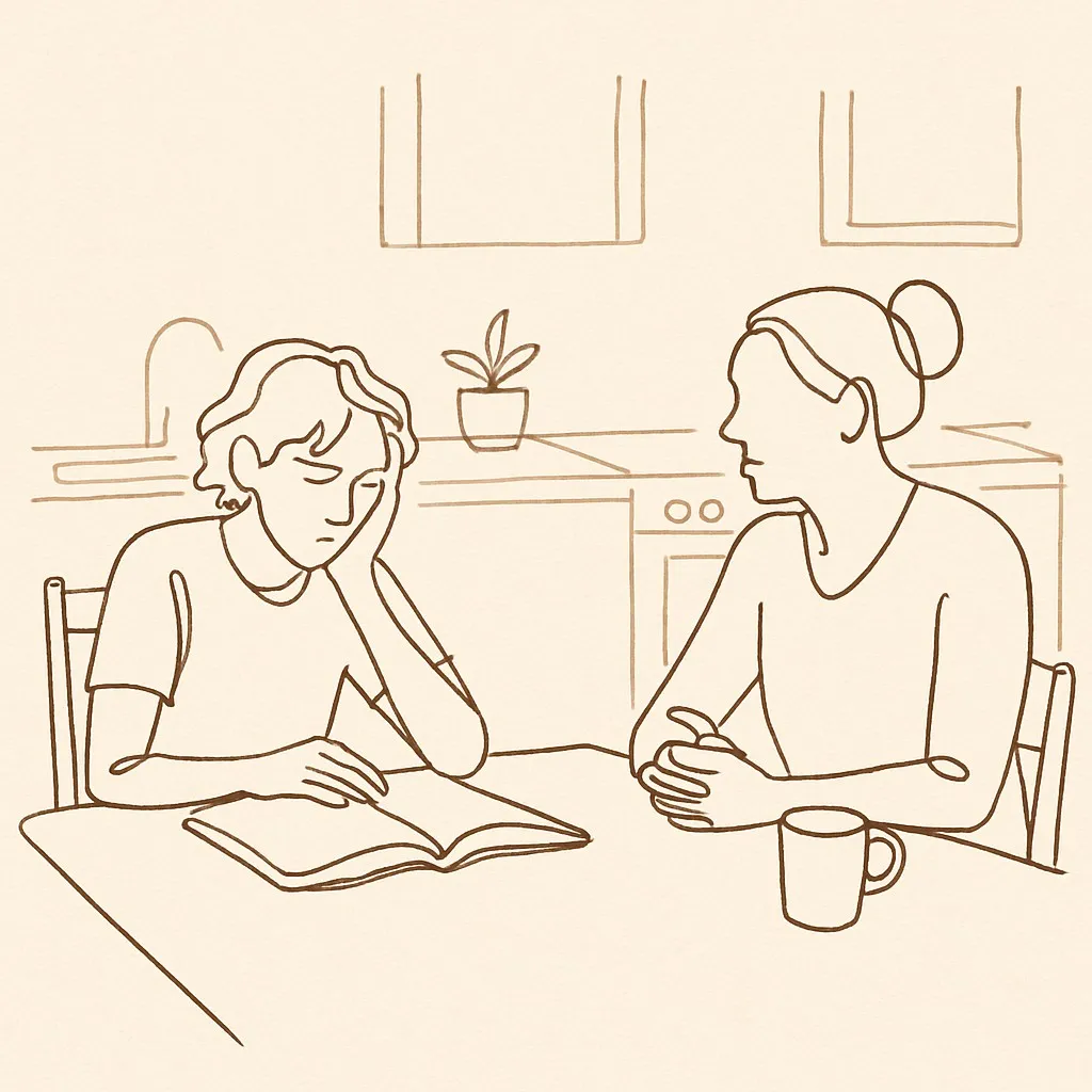 Line art of a teen at a kitchen table with a textbook, parent across
