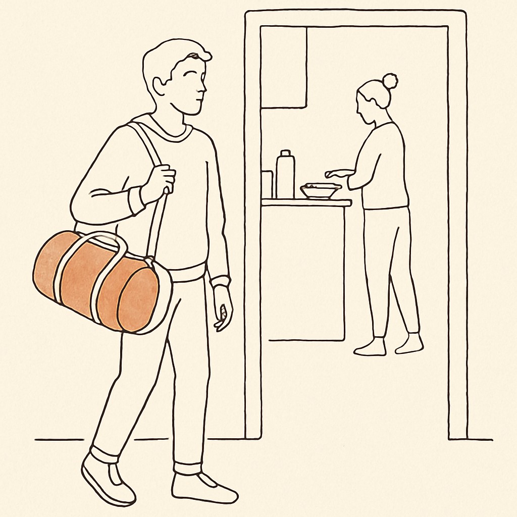 Line art of a teen with a sports bag at the front door, parent in the kitchen background