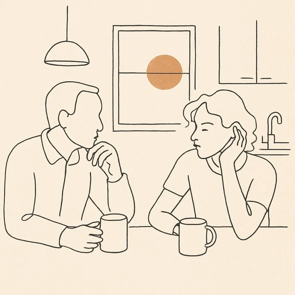 Line art of a parent and teen at a kitchen table at dusk, two mugs between them