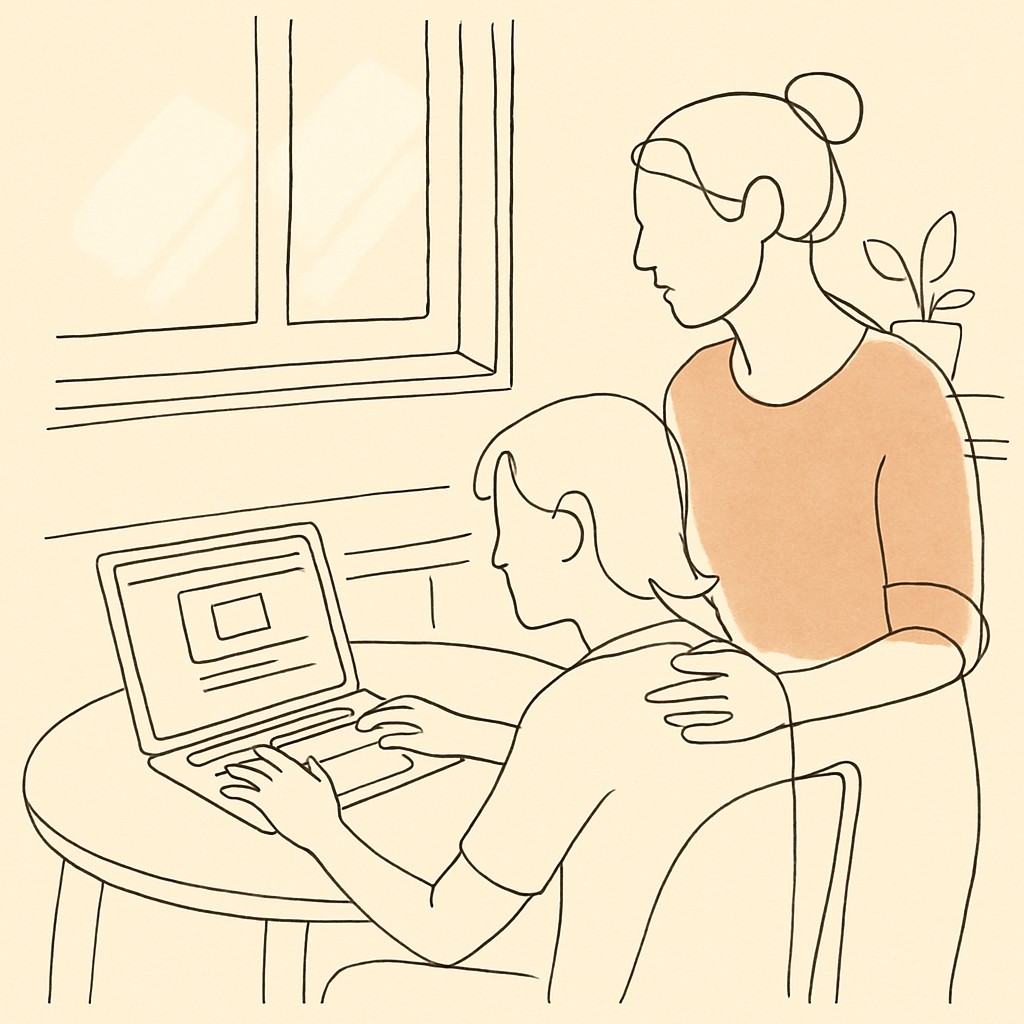 Line art of a teen and parent at a kitchen table with a laptop showing a website, soft afternoon light