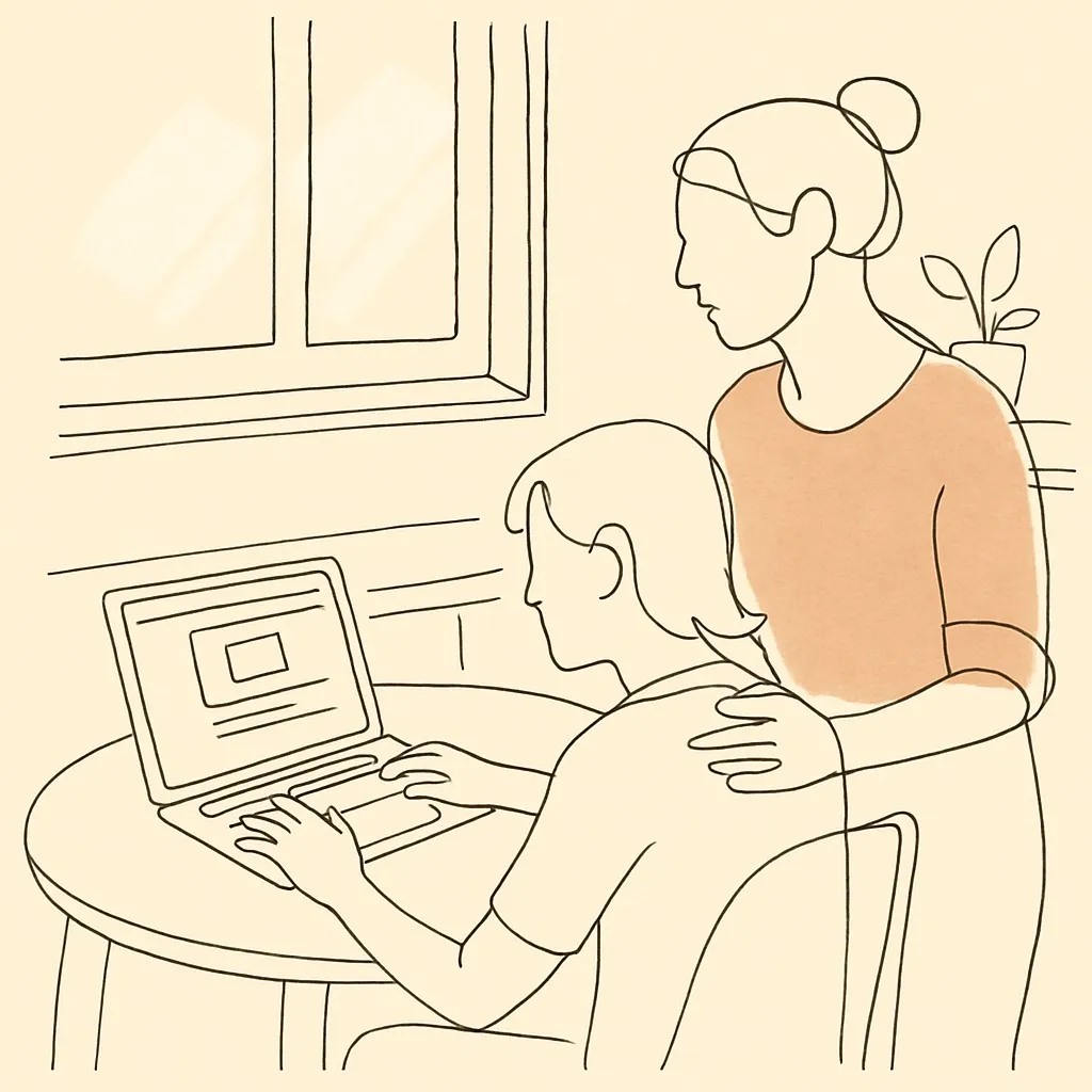 Line art of a teen and parent at a kitchen table with a laptop showing a website, soft afternoon light