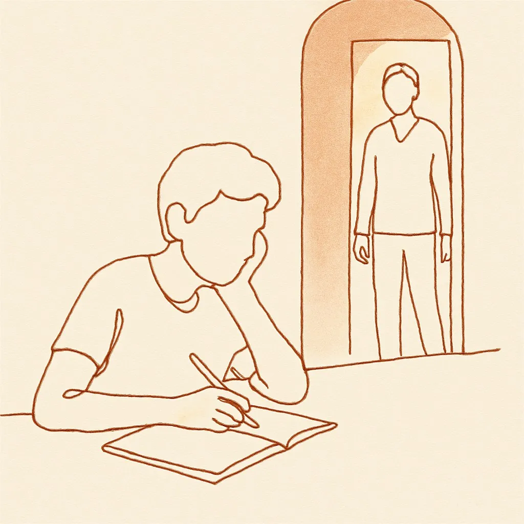 Line art of a teen at a desk with a notebook, parent in the doorway, soft warm light