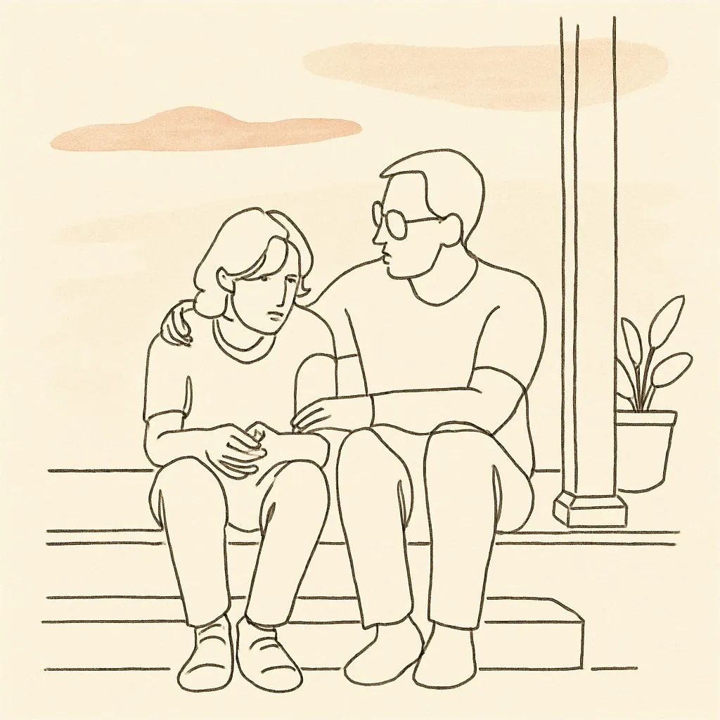 Line art of a teen and parent on a porch step at dusk, soft warm sky