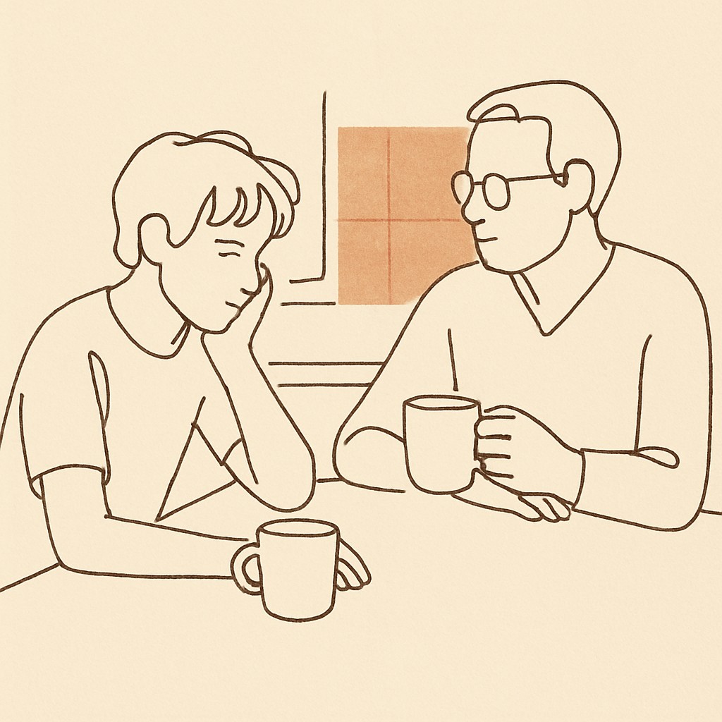 Line art of a teen at a kitchen table, parent across with a coffee cup, soft afternoon light