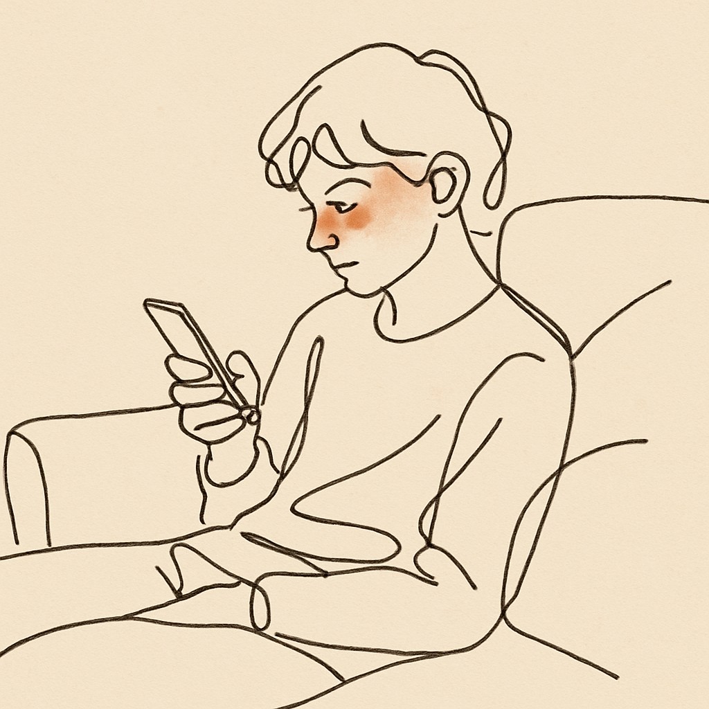 Line art of a teen scrolling a phone on a couch, face dimly lit by the screen