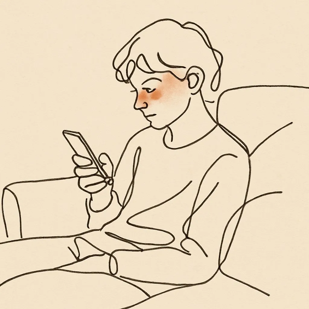 Line art of a teen scrolling a phone on a couch, face dimly lit by the screen
