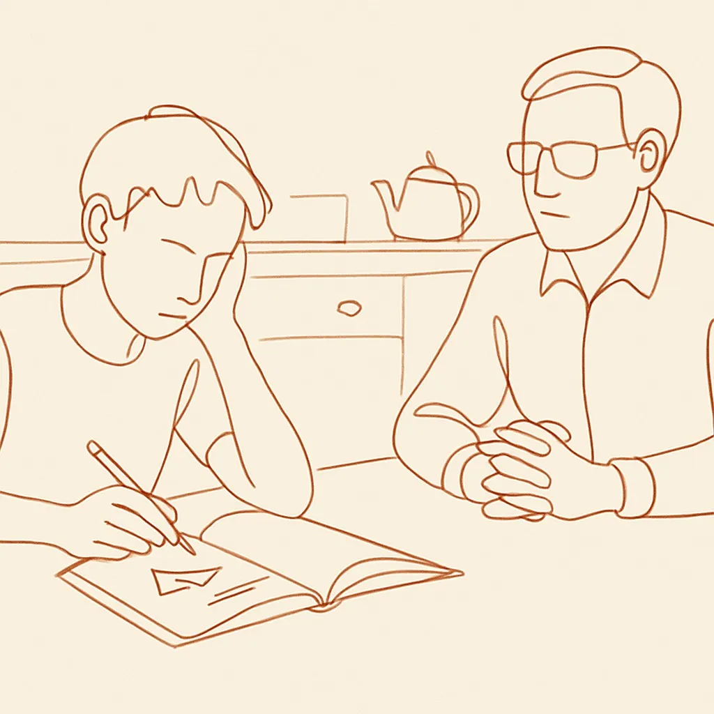 Line art of a teen at a kitchen table with a math textbook, parent across with hands folded