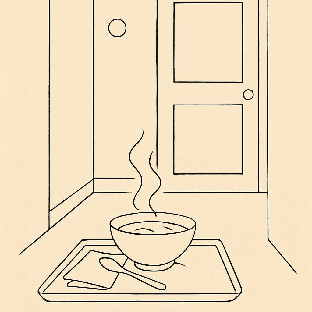 Line art of a bowl of soup steaming on a tray placed outside a closed bedroom door with a folded napkin and spoon