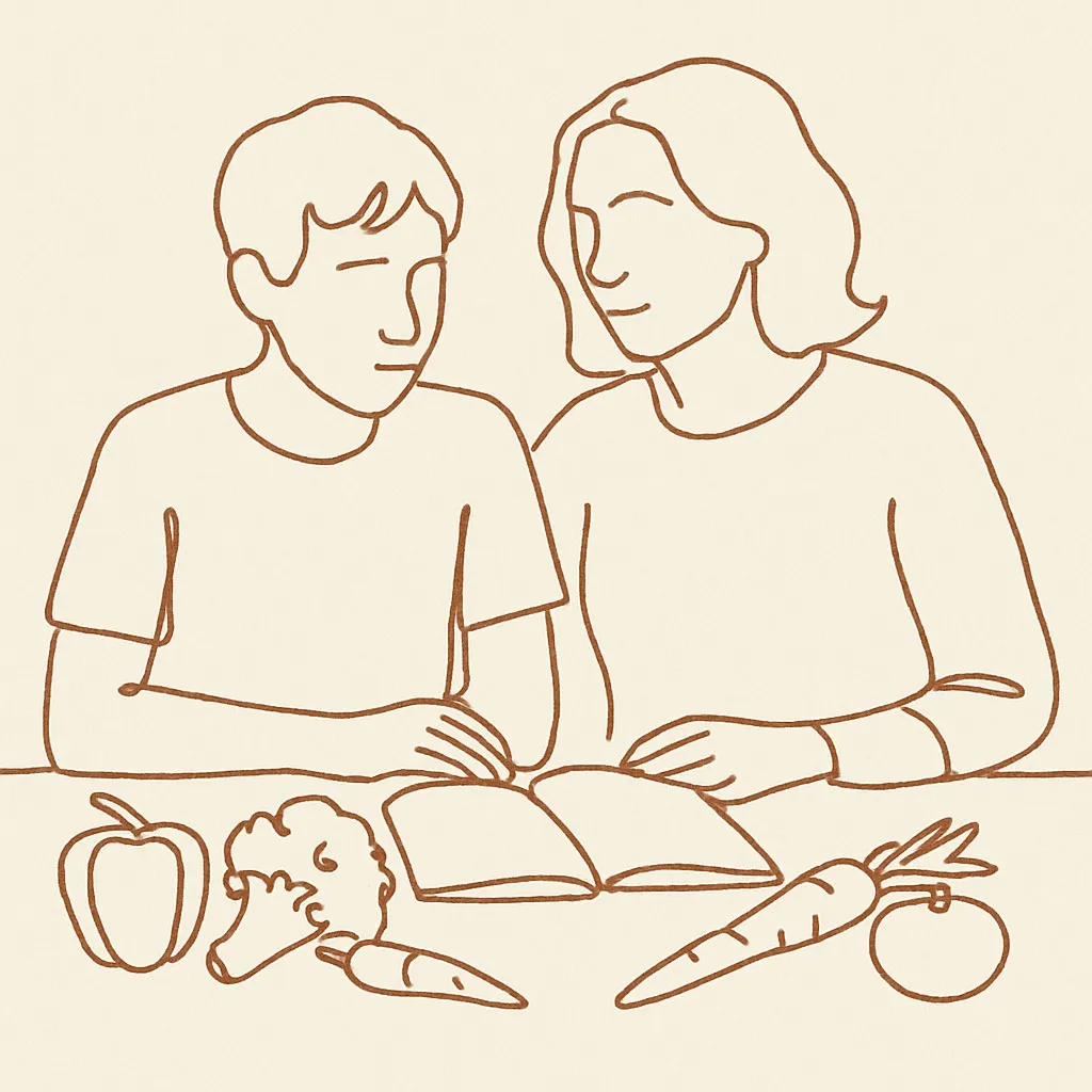 Line art of a teen and parent at a counter with vegetables, a notebook open between them