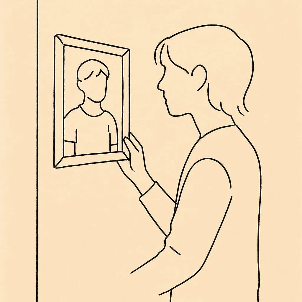 Line art of a teen holding a framed photo of a younger version of a parent on a hallway wall, the photo's frame visible at an angle, soft warm light