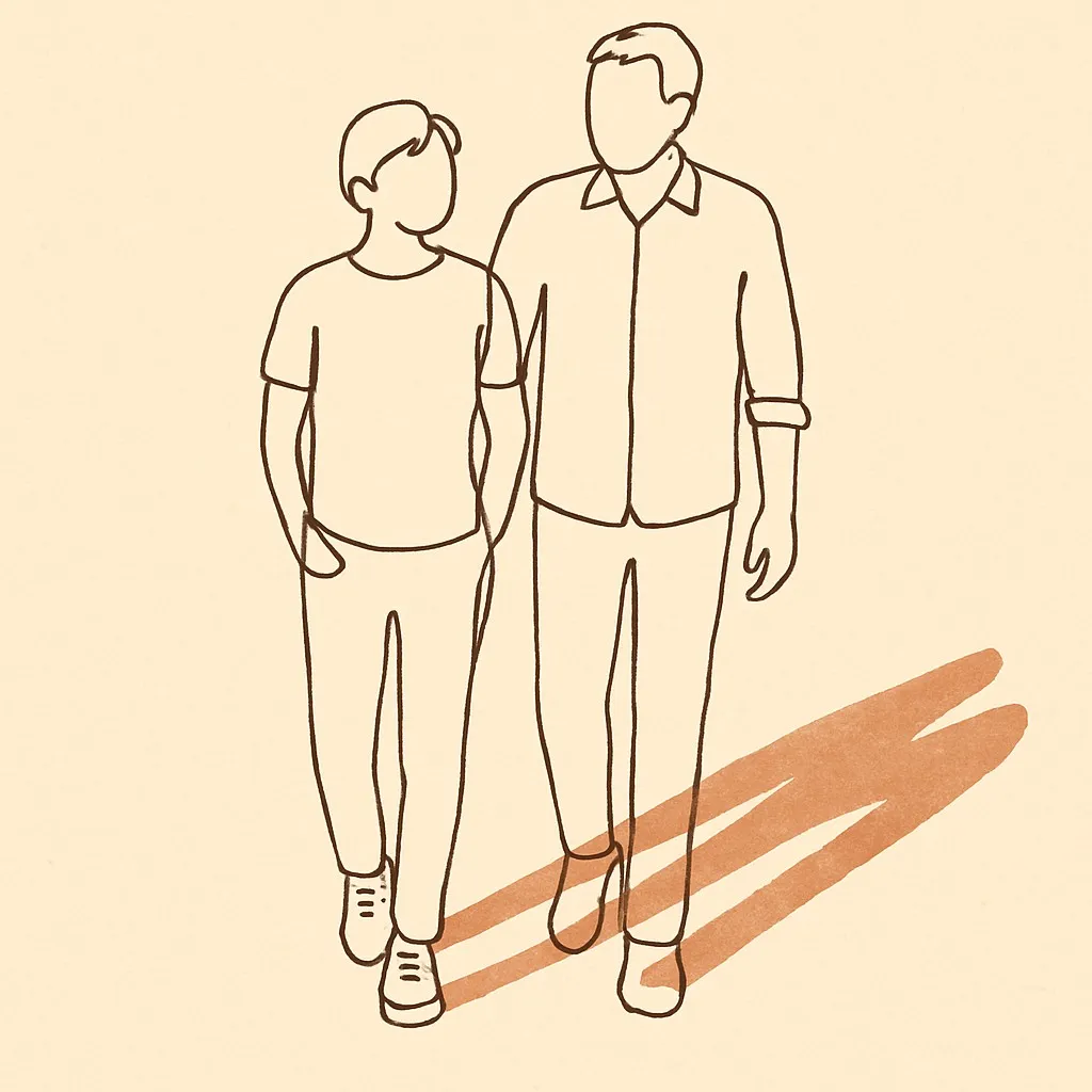 Line art of a teen and a parent walking side-by-side at dusk, shadows long behind them