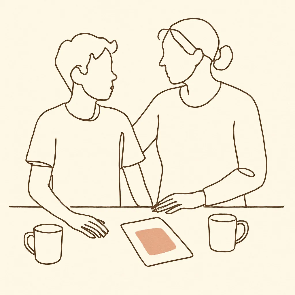 Line art of a teen and parent at a kitchen counter, a save-the-date card visible