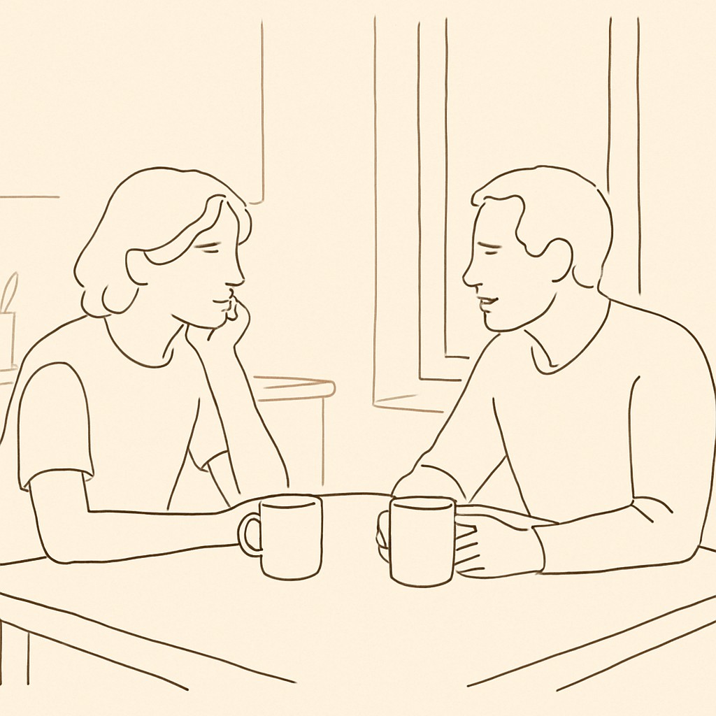 Line art of a teen and parent at a kitchen table, two mugs between them, soft warm window light