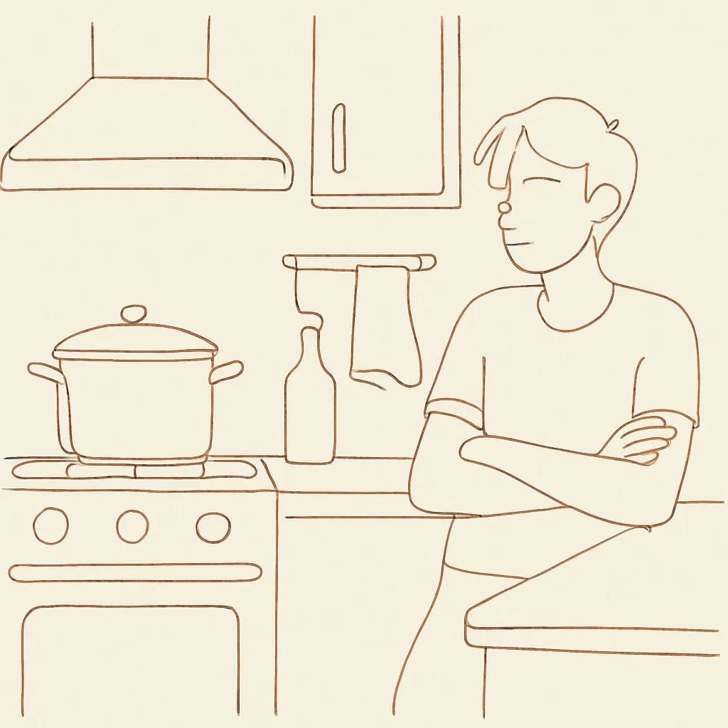 Line art of a kitchen with a pot on the stove, a teen leaning on the counter with arms folded