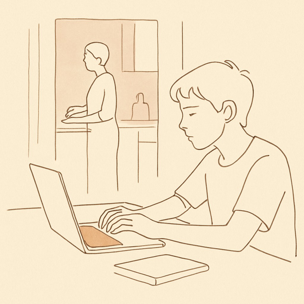 Line art of a teen at a desk lit by a laptop in dim afternoon light, parent in the kitchen background