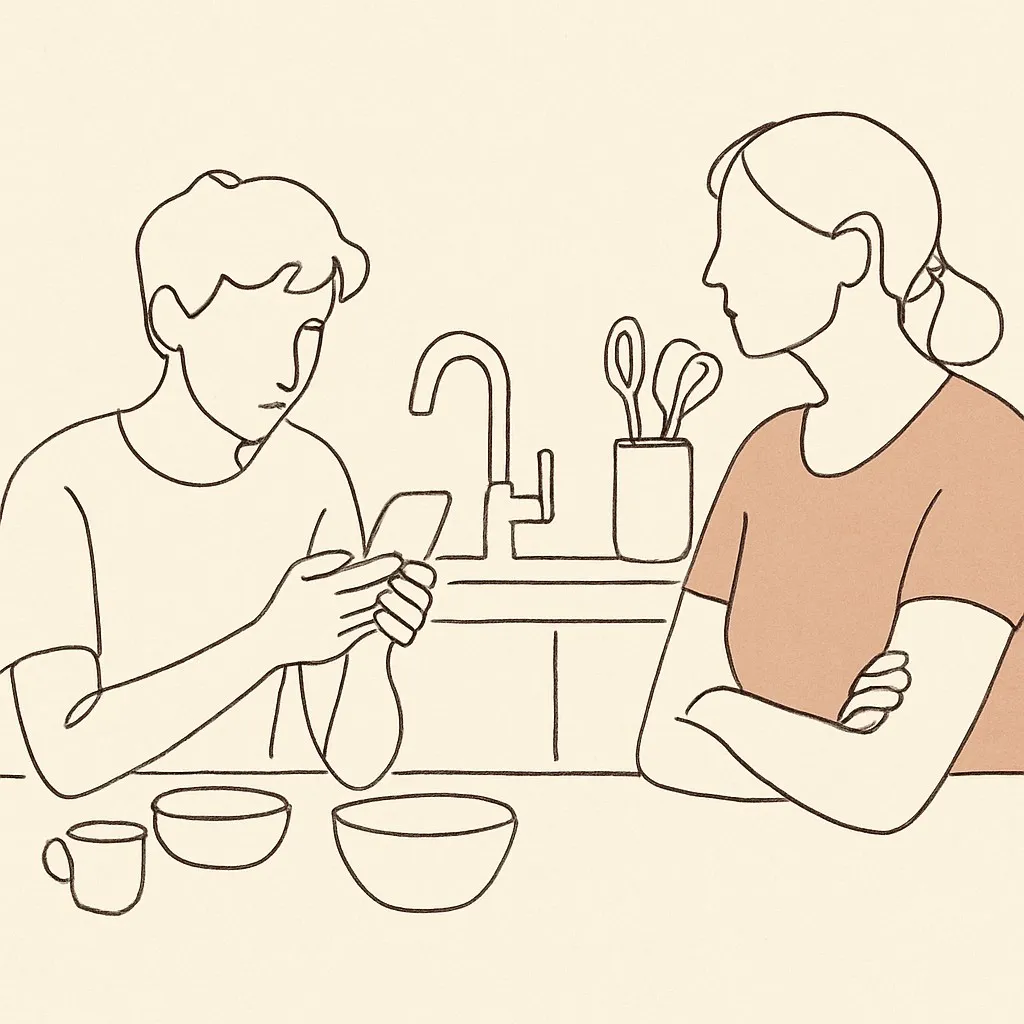 Line art of a teen at a kitchen counter holding a phone, parent across