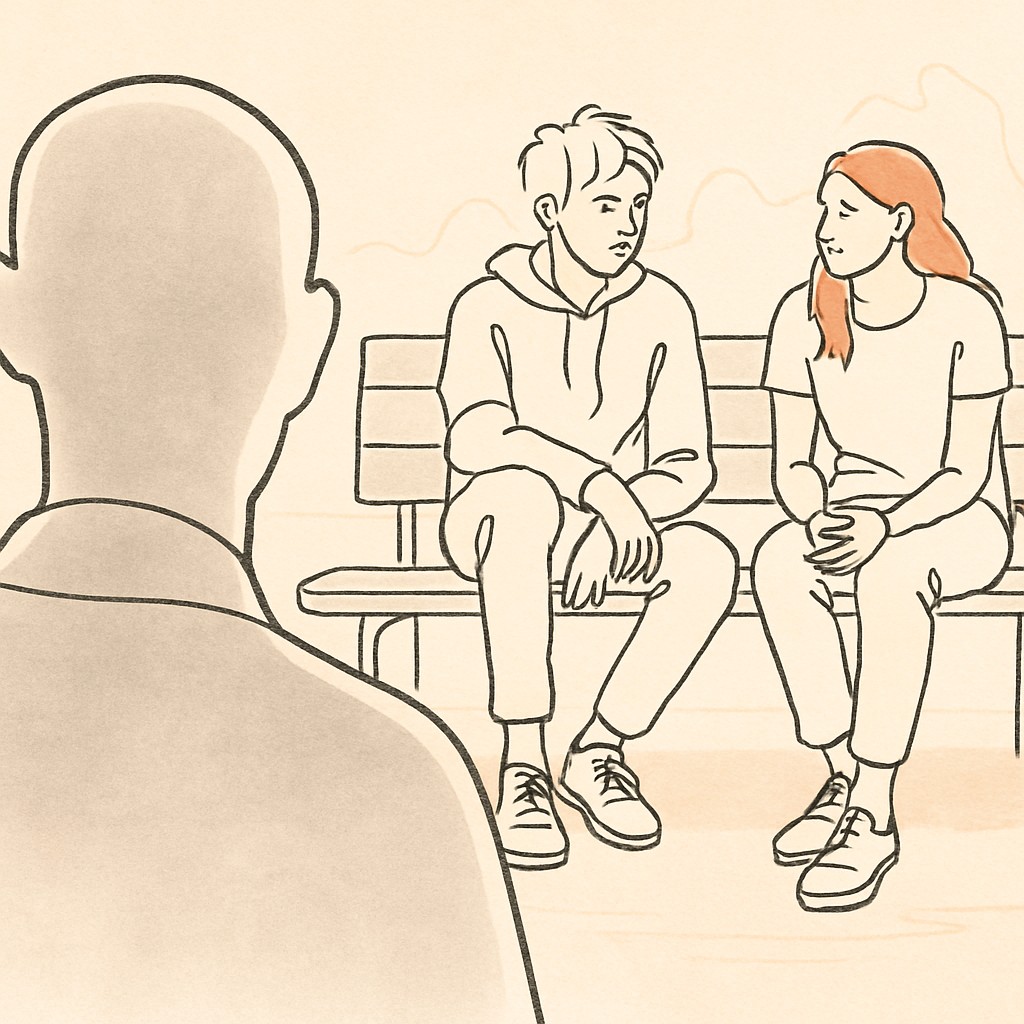 Line art of two teens on a bench in soft afternoon light, parent silhouette in the foreground