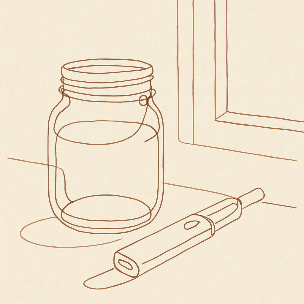 Line art of a glass jar and a vape pen on a desk, soft window light
