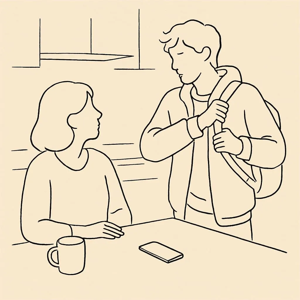 Line art of a teen and parent at a kitchen island with a phone face-down between them, the teen pulling on a jacket about to leave