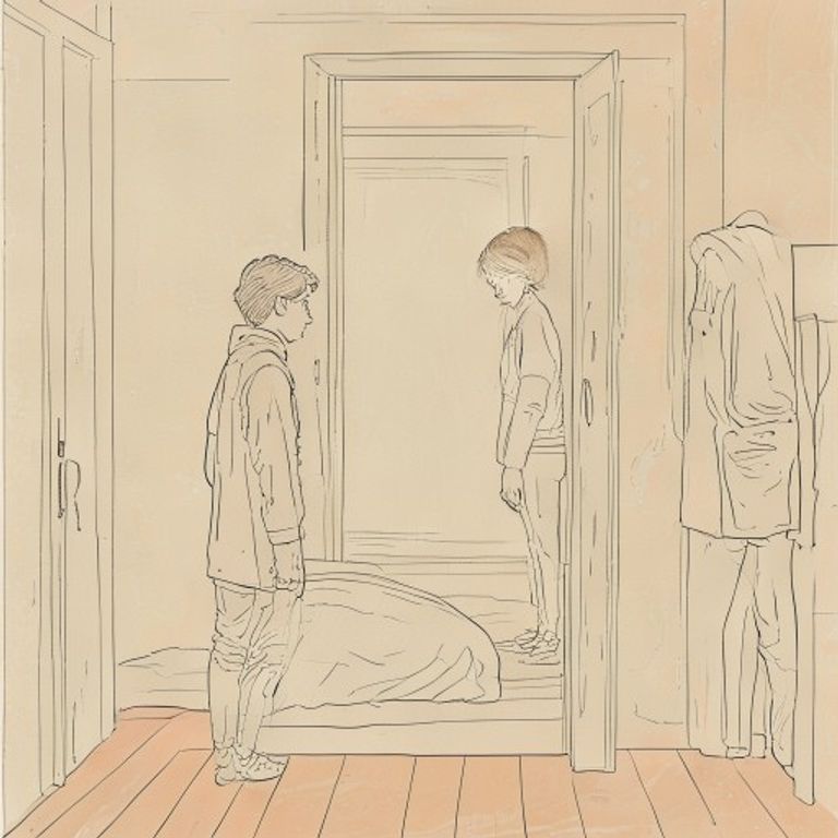 Line art of a teen closing a bedroom door while a parent stands in the hallway