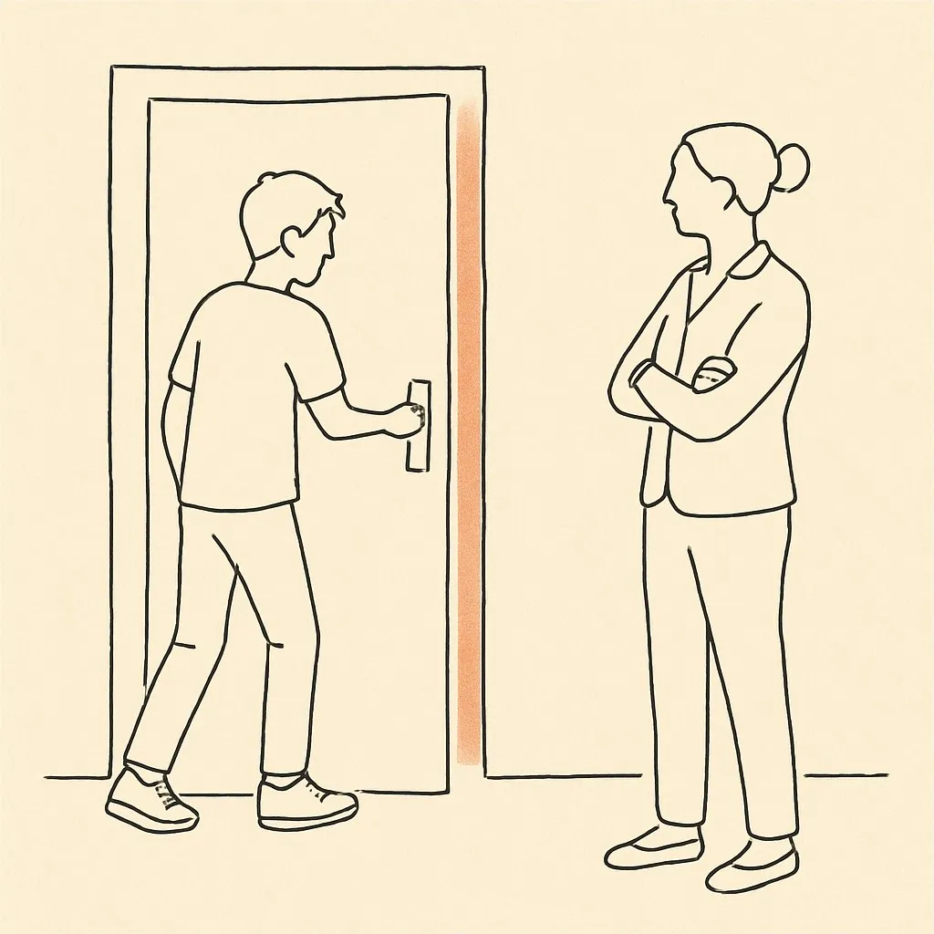 Line art of a teen closing a bedroom door while a parent stands in the hallway