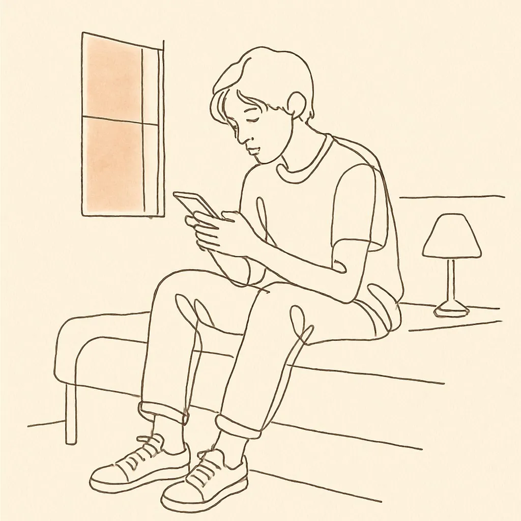 Line art of a teen sitting on a bedroom bed looking at a phone, soft afternoon light