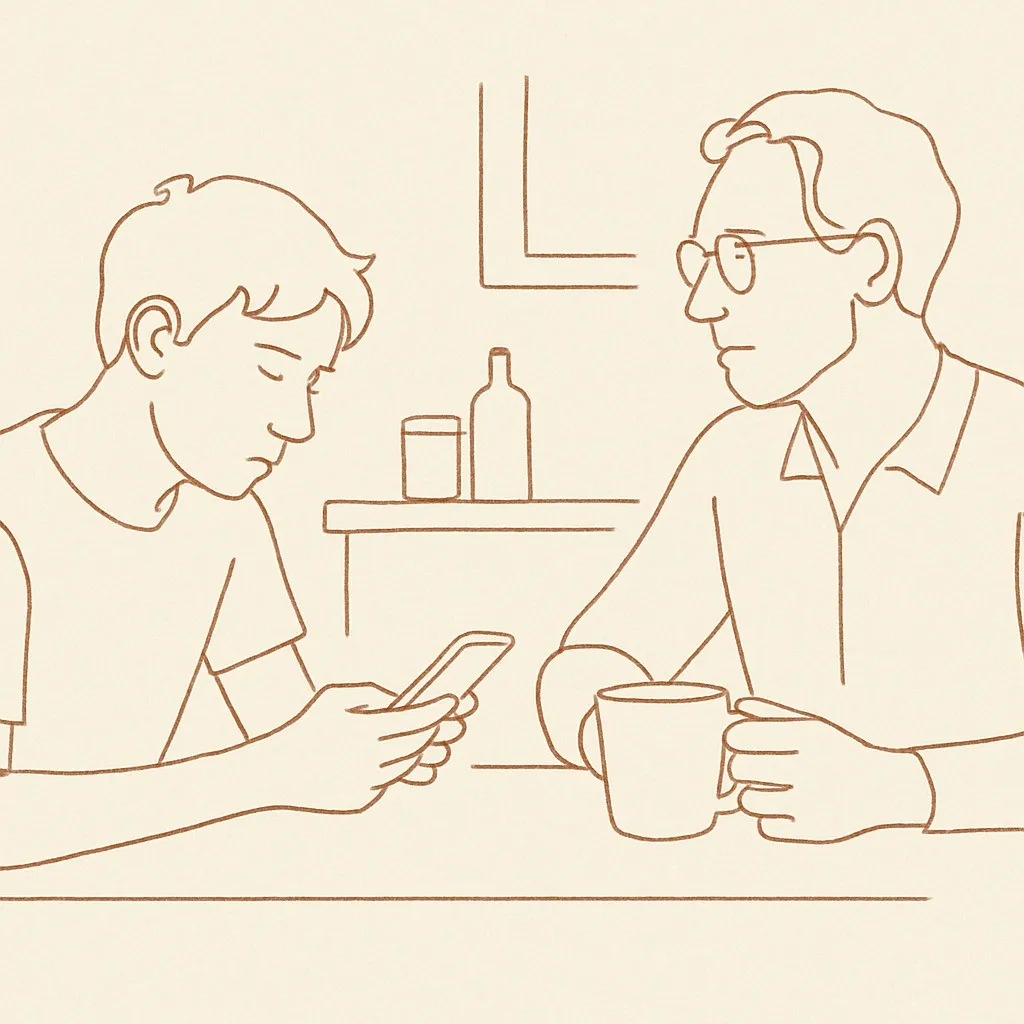 Line art of a teen at a kitchen table looking at a phone, parent across with a coffee cup